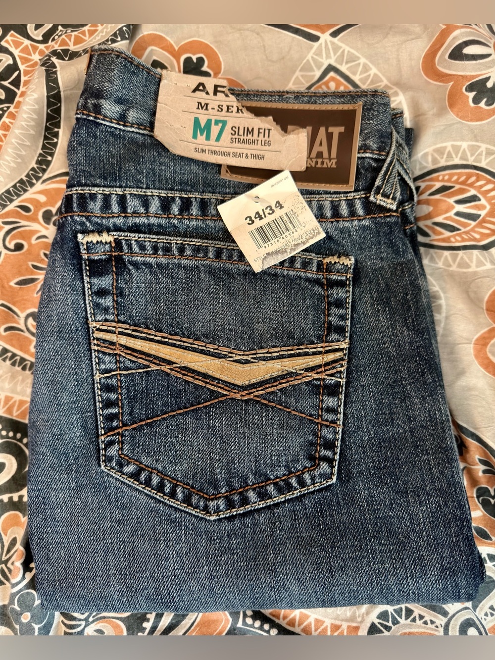 NWT Ariat Men's M7 Slim Straight Jeans in Dark Blue thick Stitching SIZE 34x34
